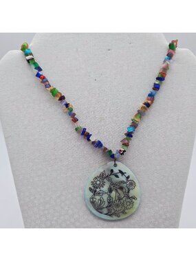 Silver Floral Mother-Of-Pearl Pendant Necklace Sea Glass Beaded Strand Handmade